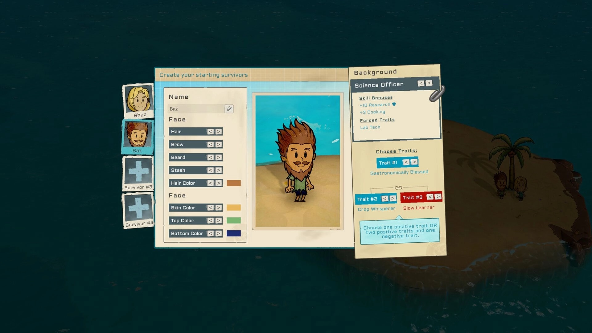 Oceaneers: Character customization screen for Baz, selecting traits and appearance on floating island