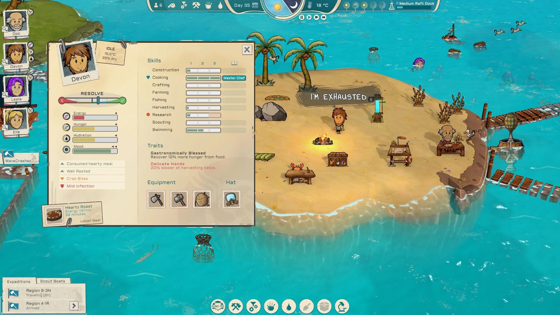 Oceaneers: Character stats menu of Devon with crafting skills on an island with palm trees and campfire.