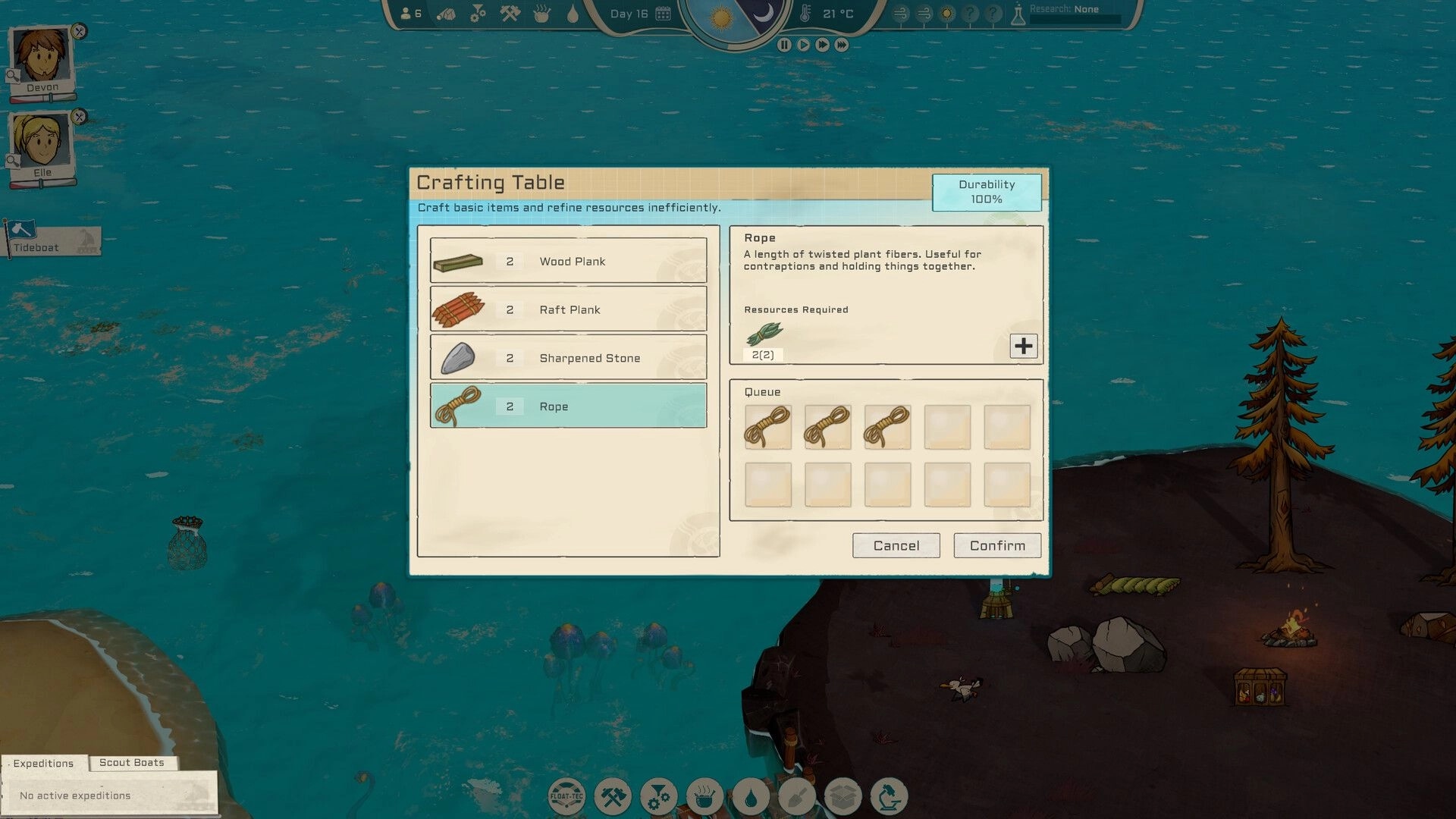 Oceaneers: Crafting table interface with rope selected, overlooking a floating island and ocean.