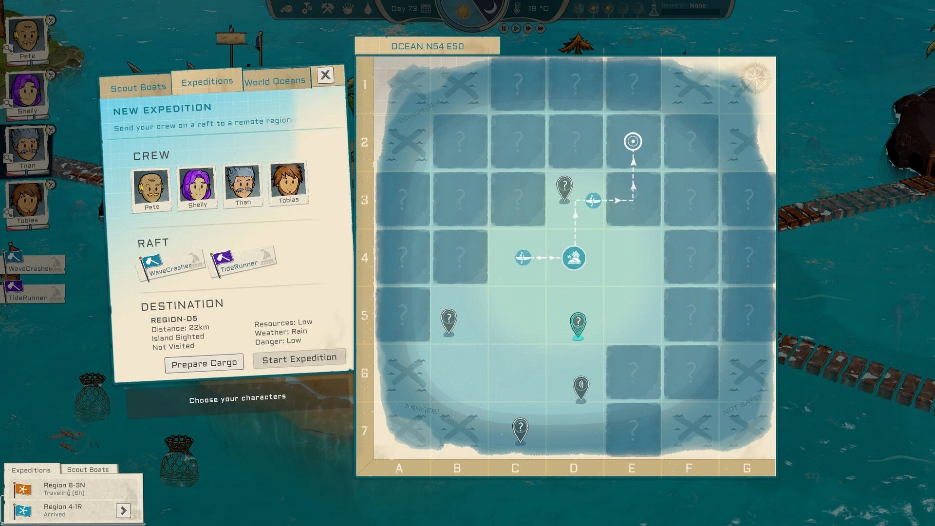 Oceaneers: Expedition planning interface with crew selection and ocean grid map on floating colony island.