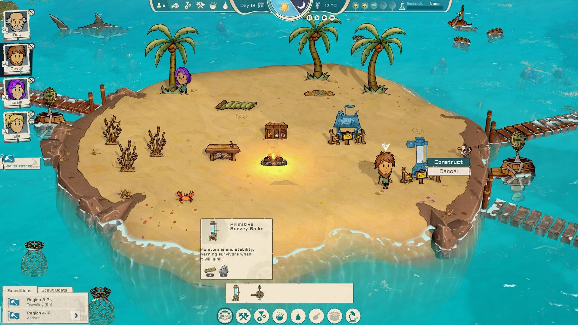 Oceaneers: Characters managing resources on a small sandy island with palm trees and a construction menu.