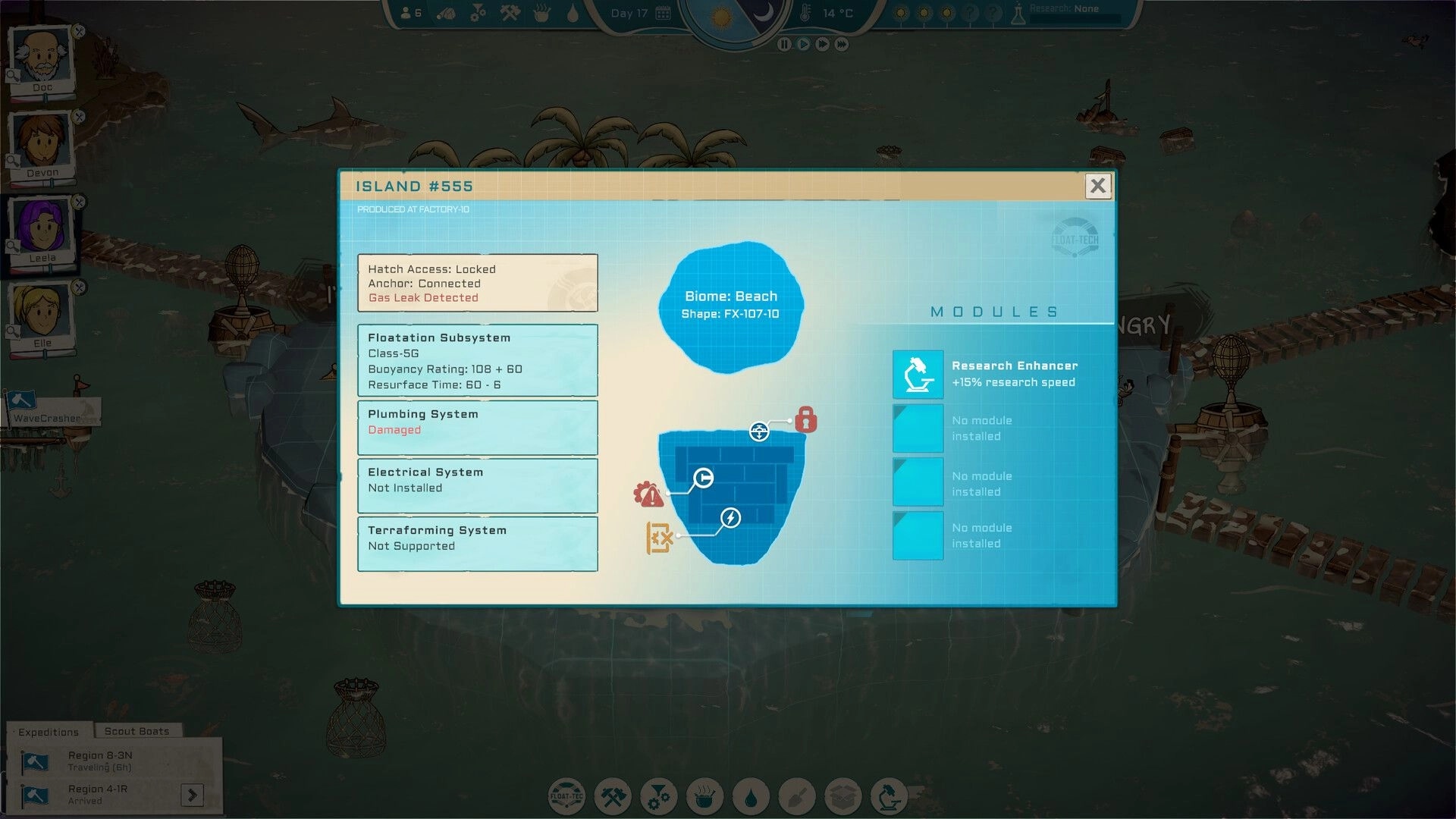Oceaneers: Island status display with details on biome, systems, and modules in a floating colony setting