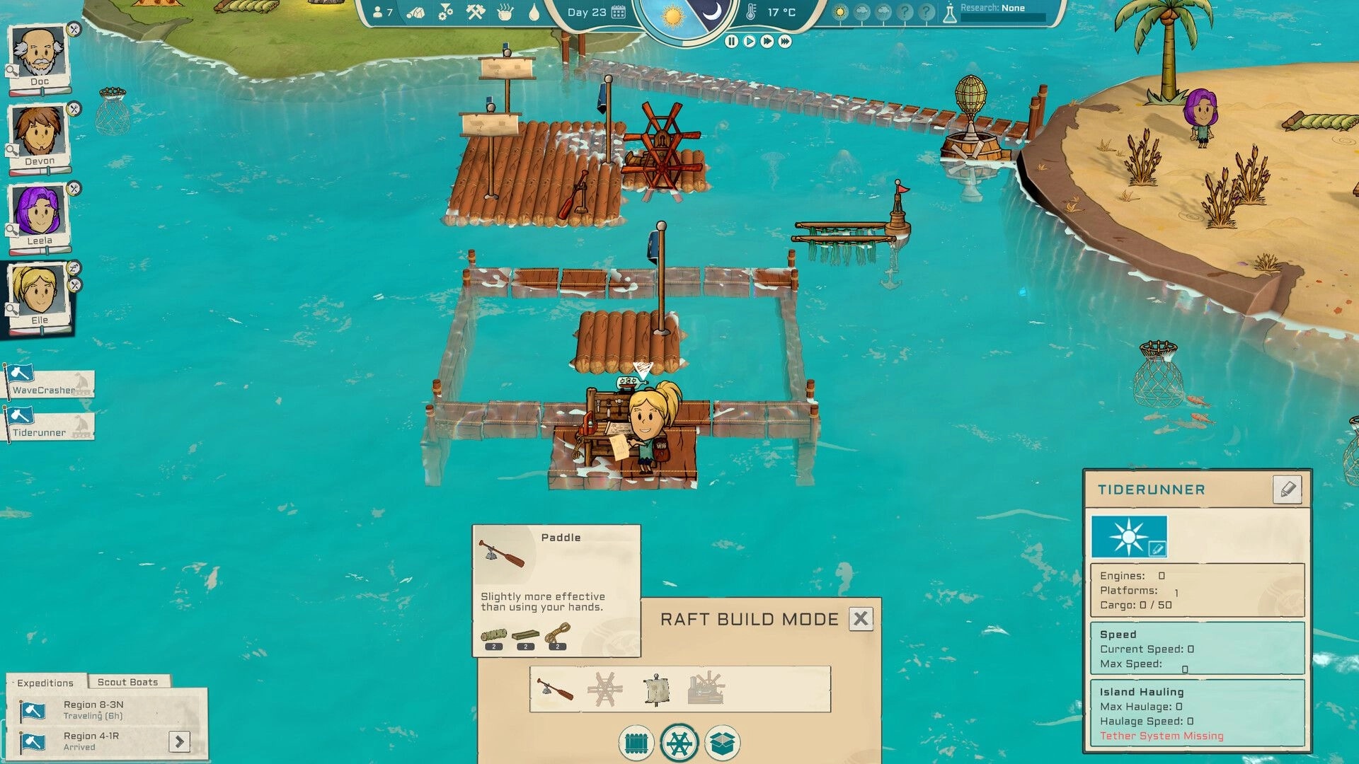 Oceaneers: Elle crafting on raft with UI showing raft build mode and expedition details in ocean setting
