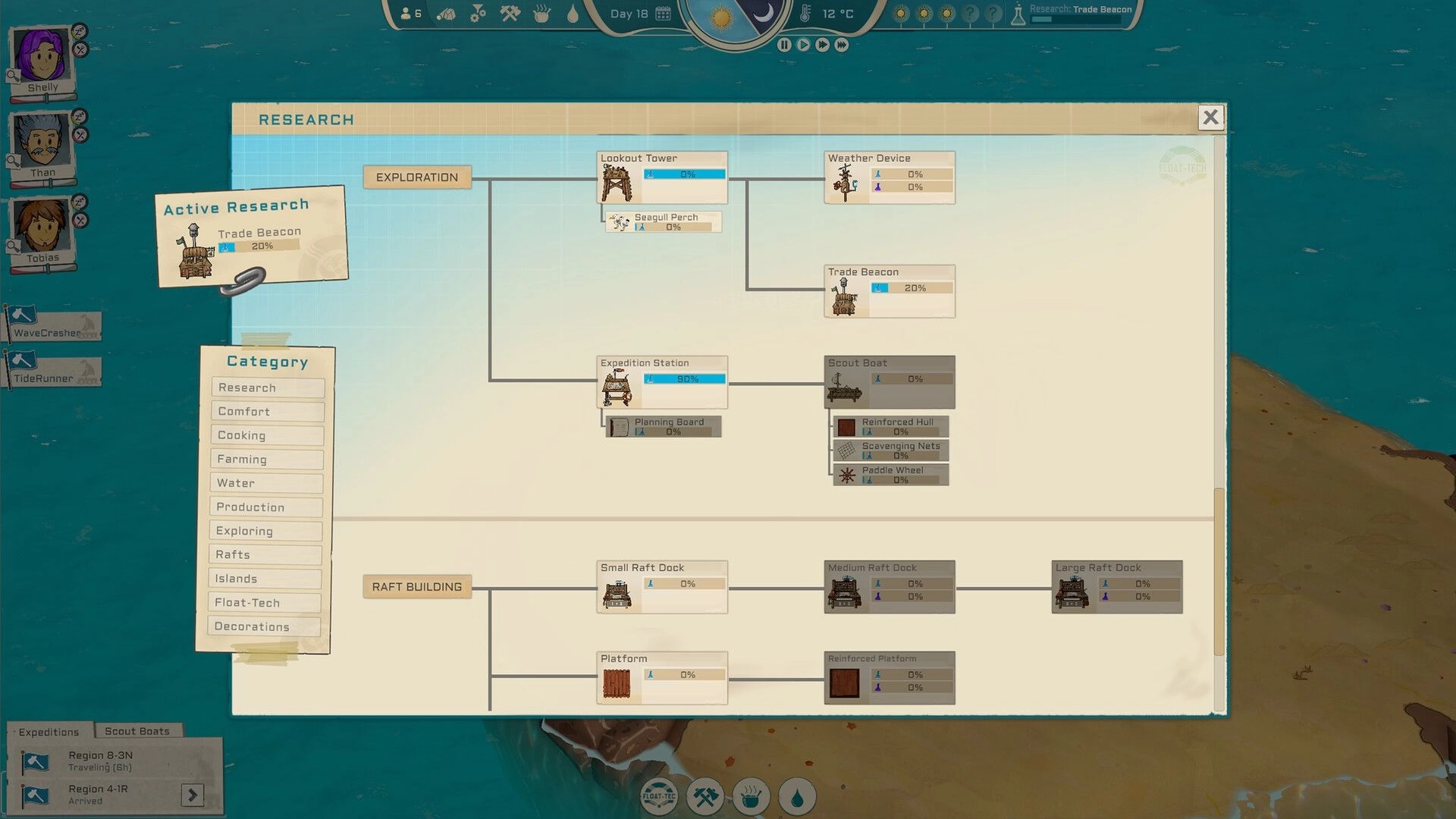 Oceaneers: Research tree interface with active Trade Beacon research on a floating island colony