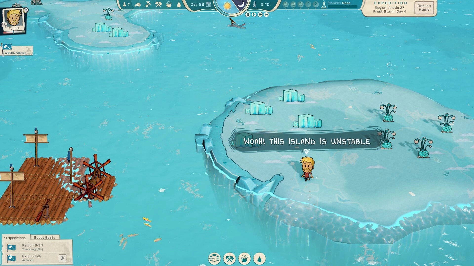 Oceaneers: Tom H on unstable icy island with floating raft and expedition status in arctic setting