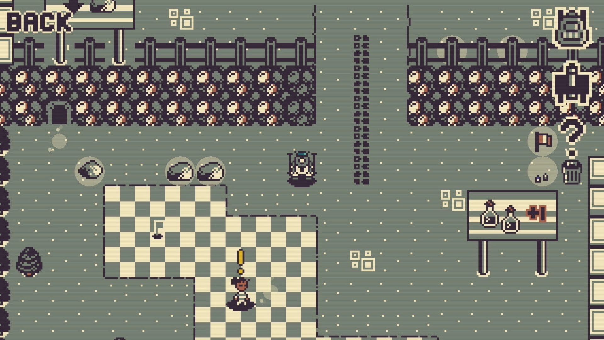 Octane100: Player stands on a checkered tile with exclamation icon, backpack UI in snowy yard.