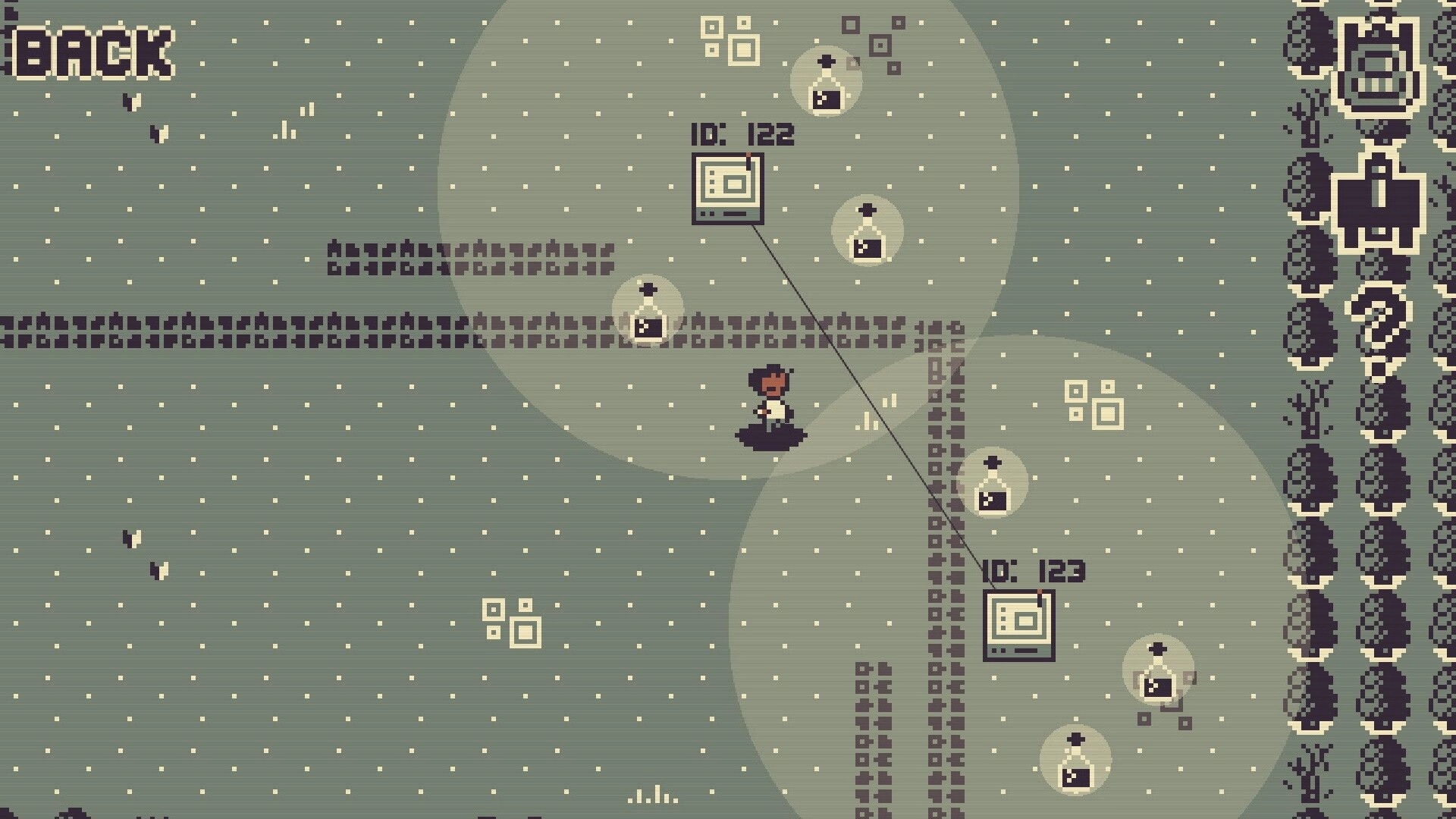 Octane100: Player stands at a path junction with ID 122 and 123 nodes and potion icons in grid field.