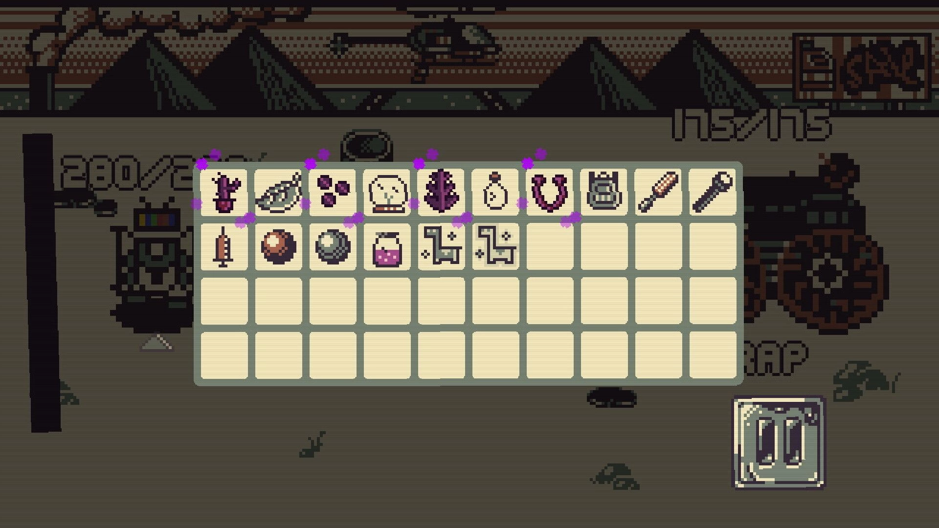 Octane100: Inventory grid with item icons and purple highlights over a desert road battle scene.