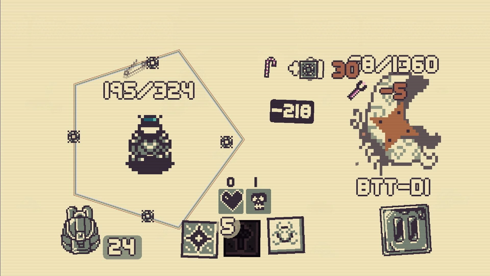 Octane100: Inventory/loadout UI with character sprite, stats, and item icons on beige grid screen.