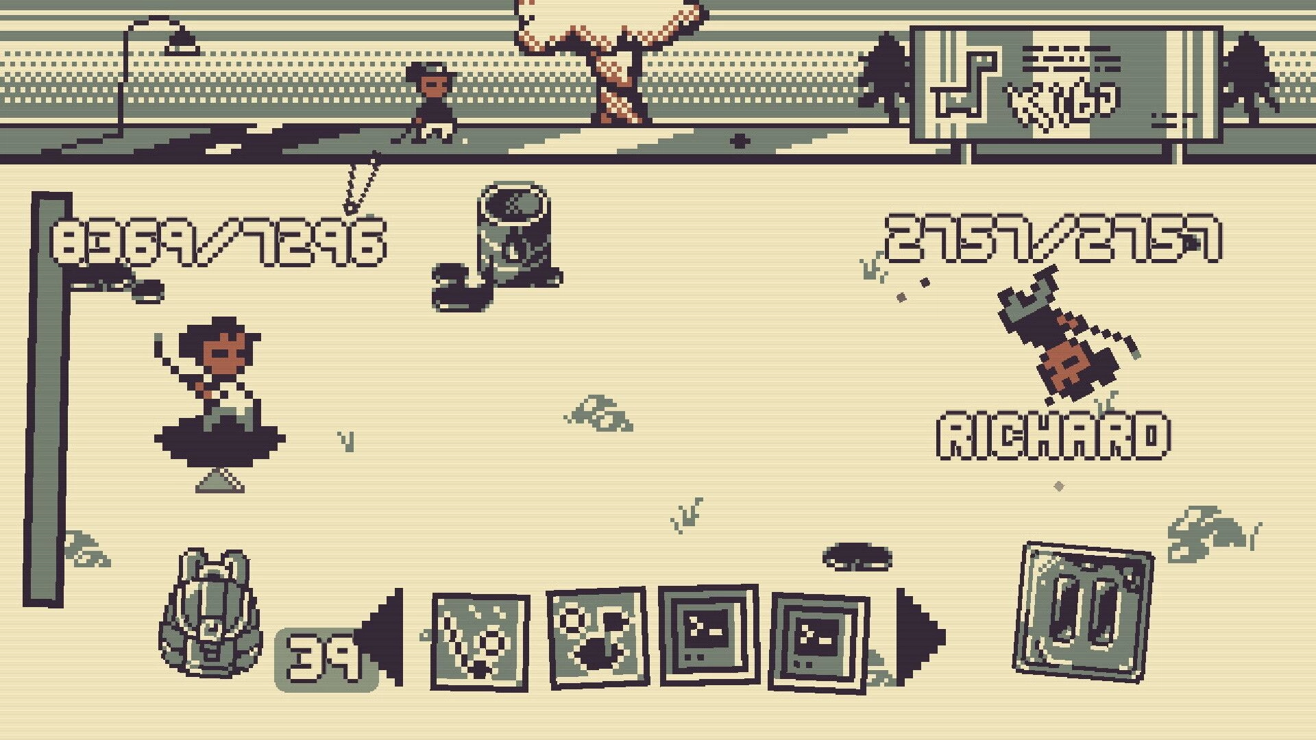 Octane100: Top-down duel with Richard knocked back, health bars and item slots on sandy arena.
