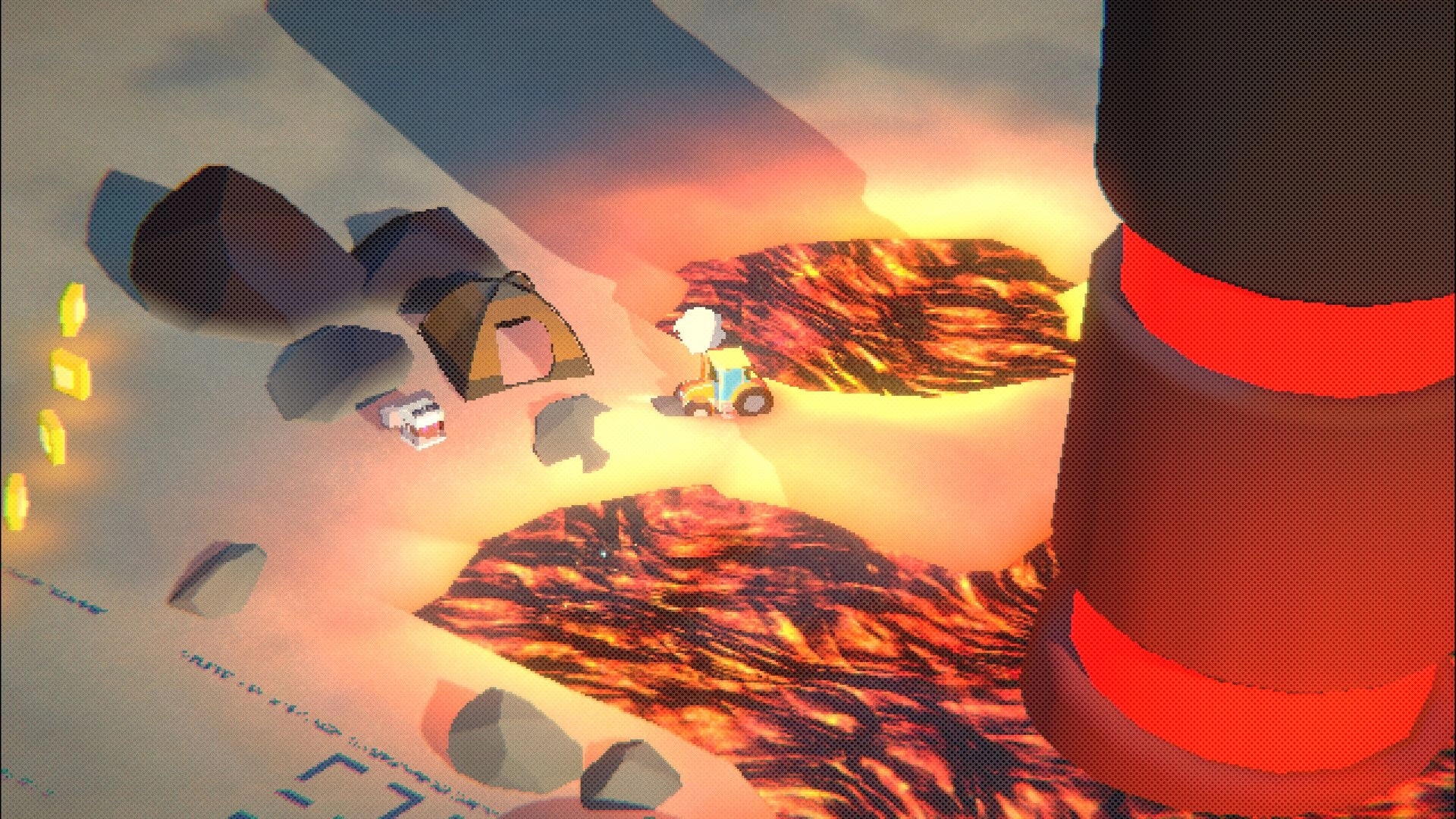 OctaRace: Racer navigates rugged terrain near lava flows with coins and tent in desert environment