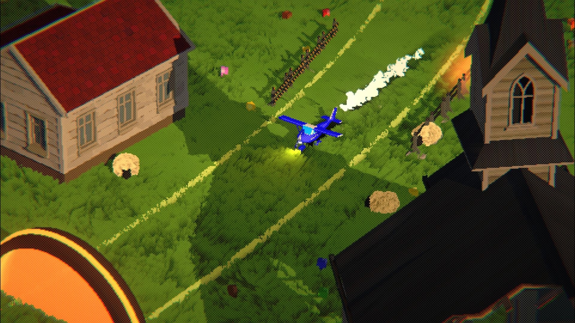 OctaRace: Blue plane racing along a grassy path between houses, leaving a trail of smoke behind.