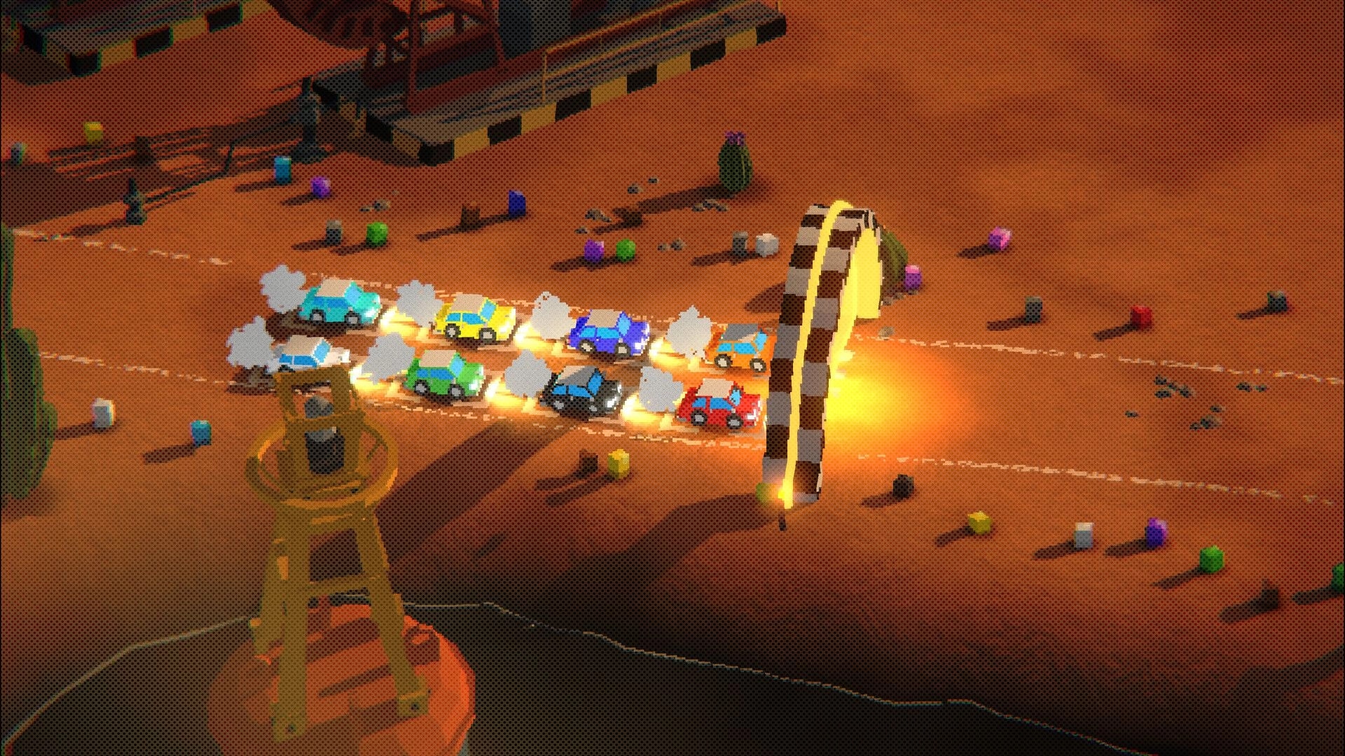 OctaRace: Eight colorful cars racing on a dusty track with spectators in a desert-like environment