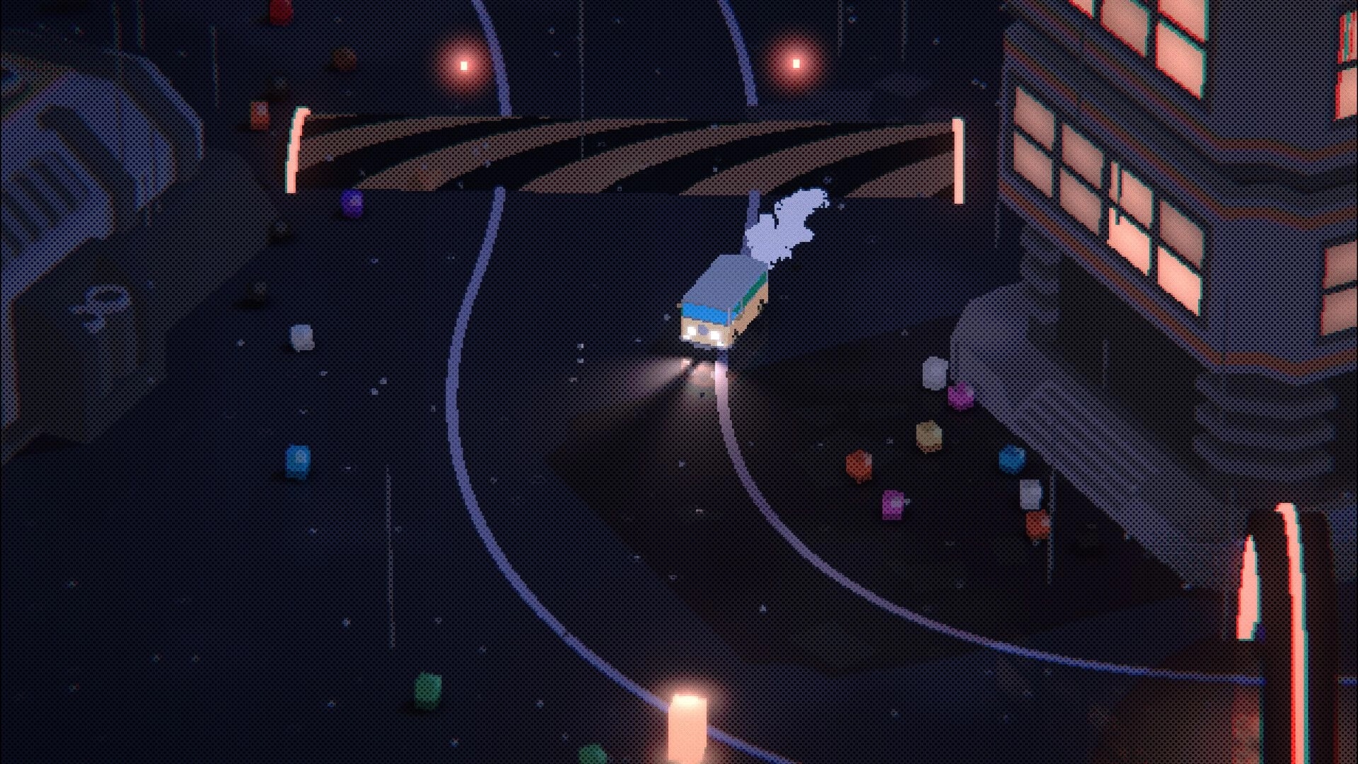 OctaRace: Van drifting on rain-soaked city street with neon lights and scattered colorful blocks