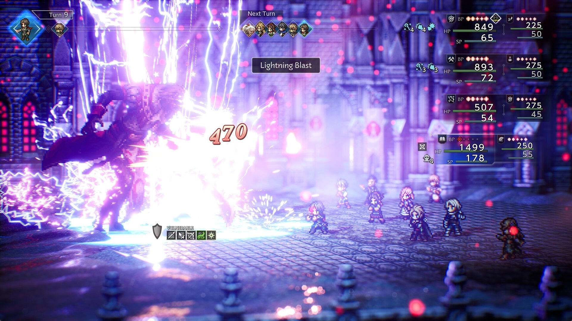 OCTOPATH TRAVELER 0: Lightning Blast attack in turn-based battle with character stats displayed