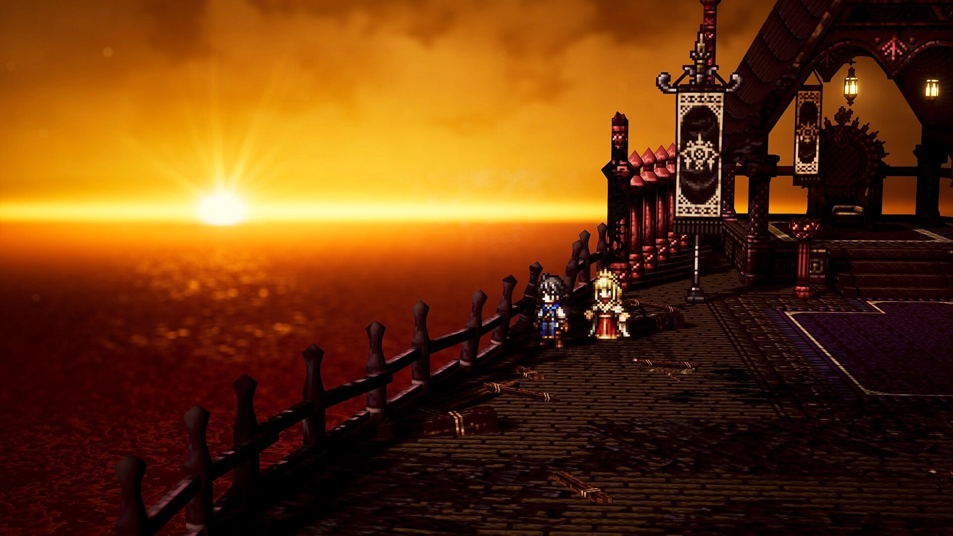 OCTOPATH TRAVELER 0: Two characters stand on a wooden pier, watching the sunset over a vast orange sea.
