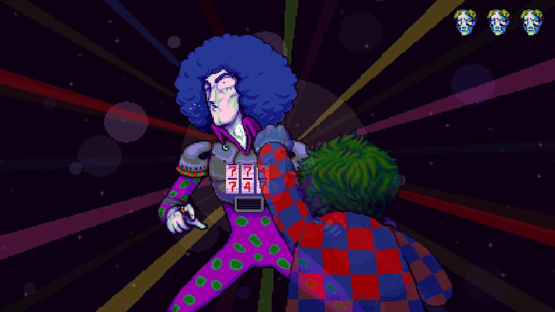 Octopus City Blues: Two characters in a colorful psychedelic confrontation in a cosmic void setting