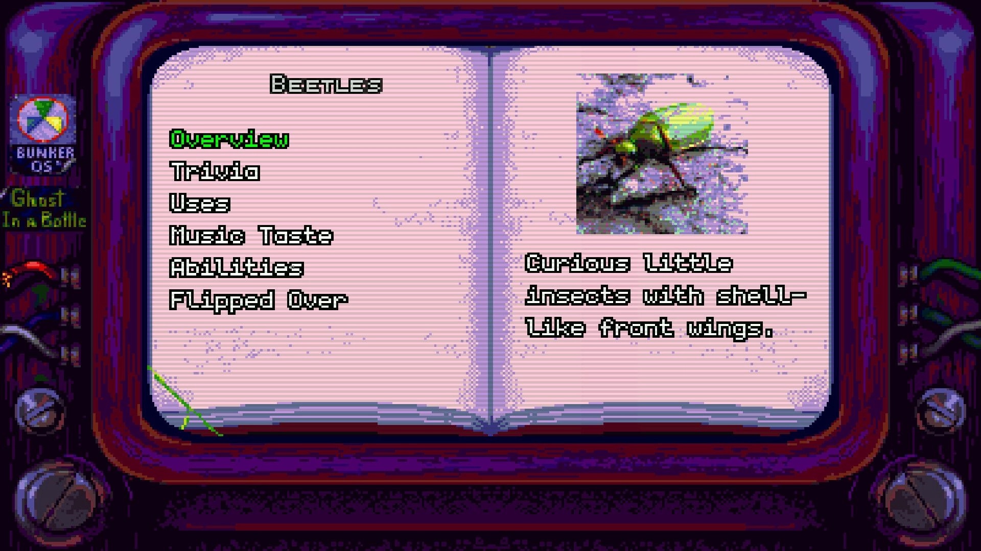 Octopus City Blues: Insect encyclopedia entry with beetle overview and trivia on a retro computer screen.