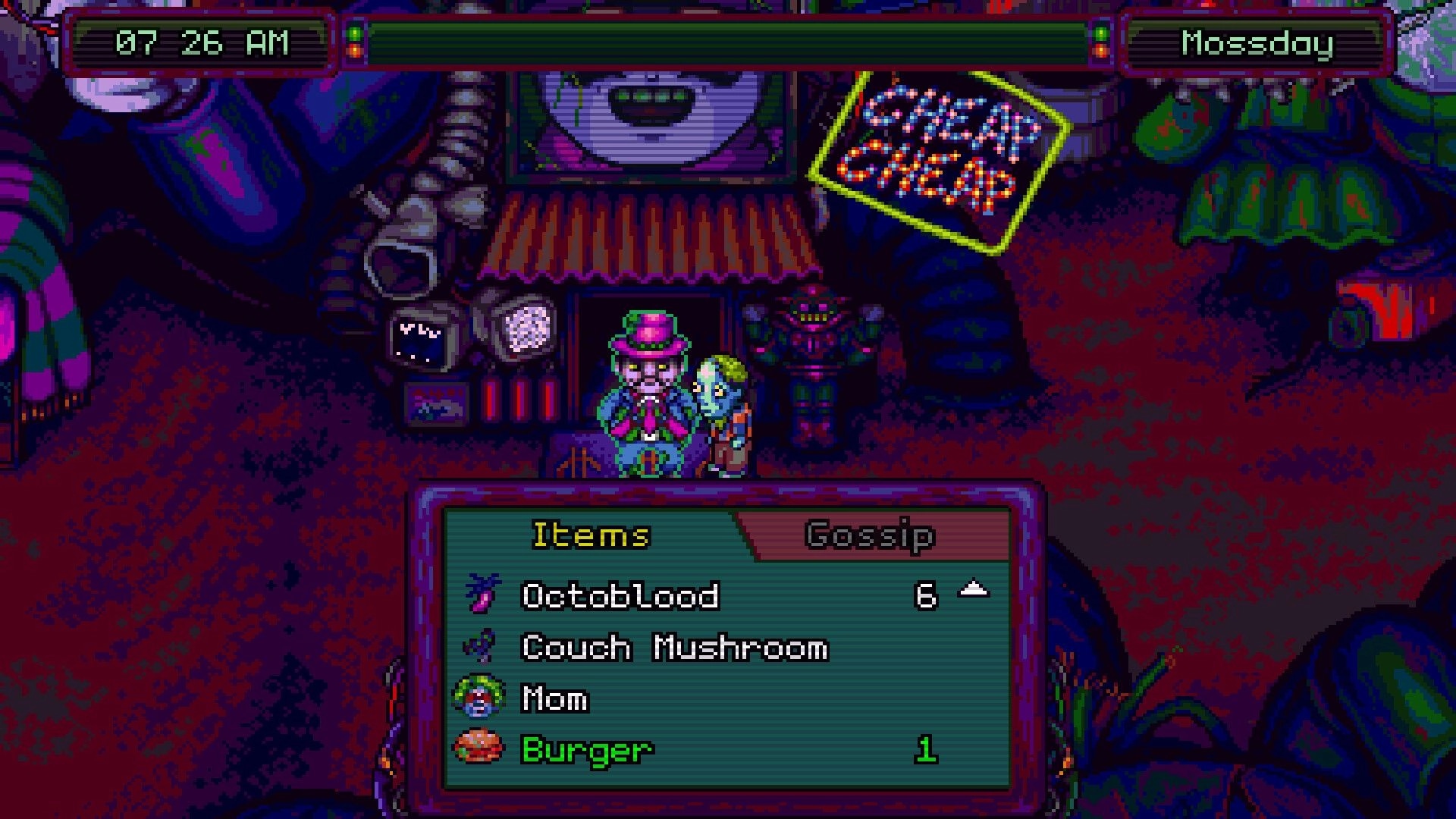 Octopus City Blues: Two characters converse in a neon-lit street with item inventory menu displayed.