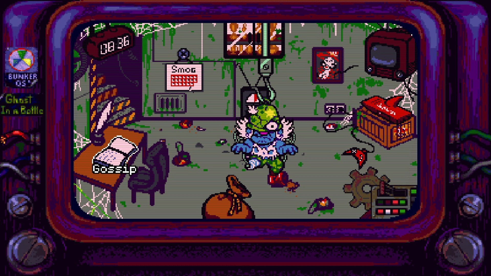 Octopus City Blues: Creature hangs from hook in cluttered, grimy room with green slime and scattered objects.