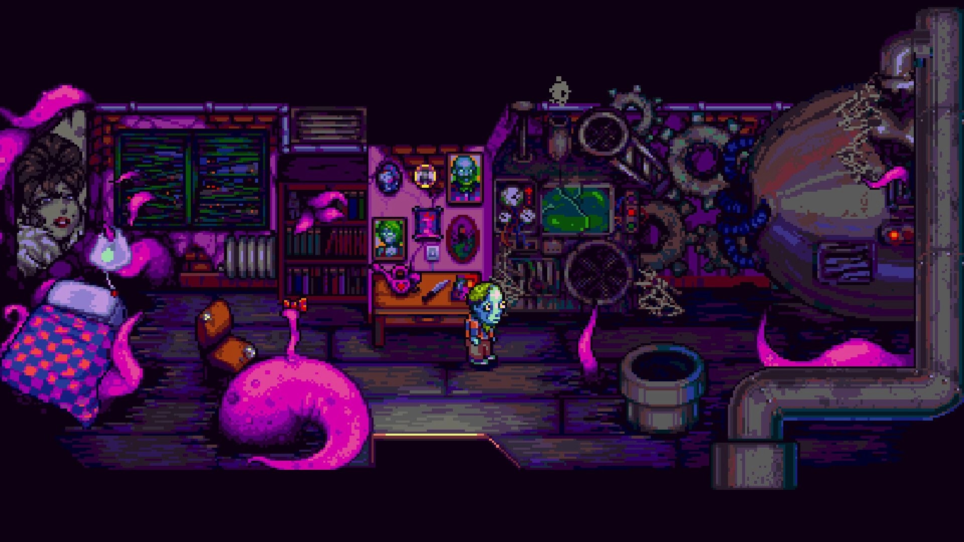 Octopus City Blues: Character in eerie room with tentacles, strange machinery, and wall portraits