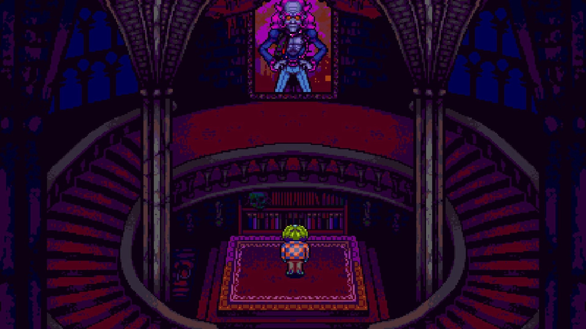 Octopus City Blues: Character stands in ornate hall beneath eerie octopus portrait in dimly lit setting