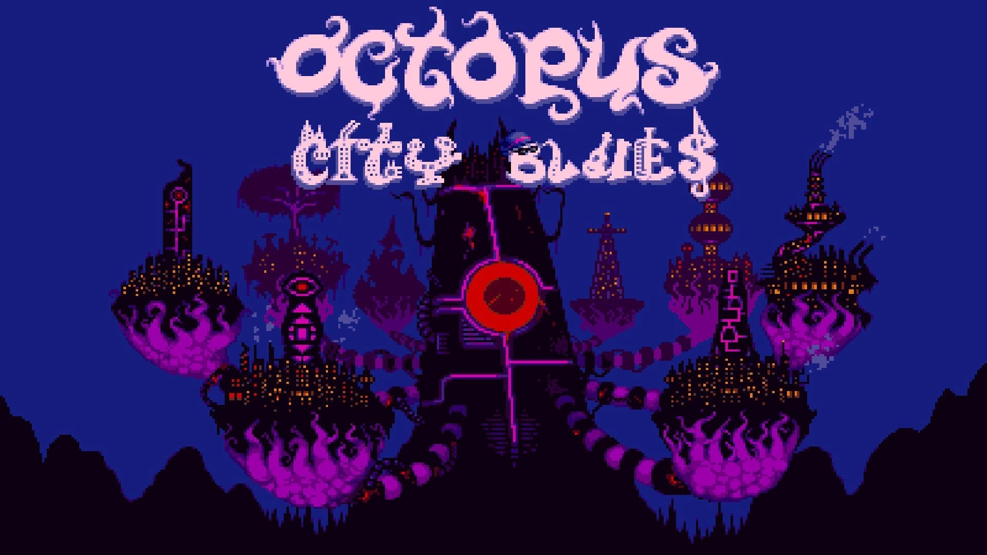 Octopus City Blues: Surreal cityscape with floating structures and neon lights in a dark, eerie setting