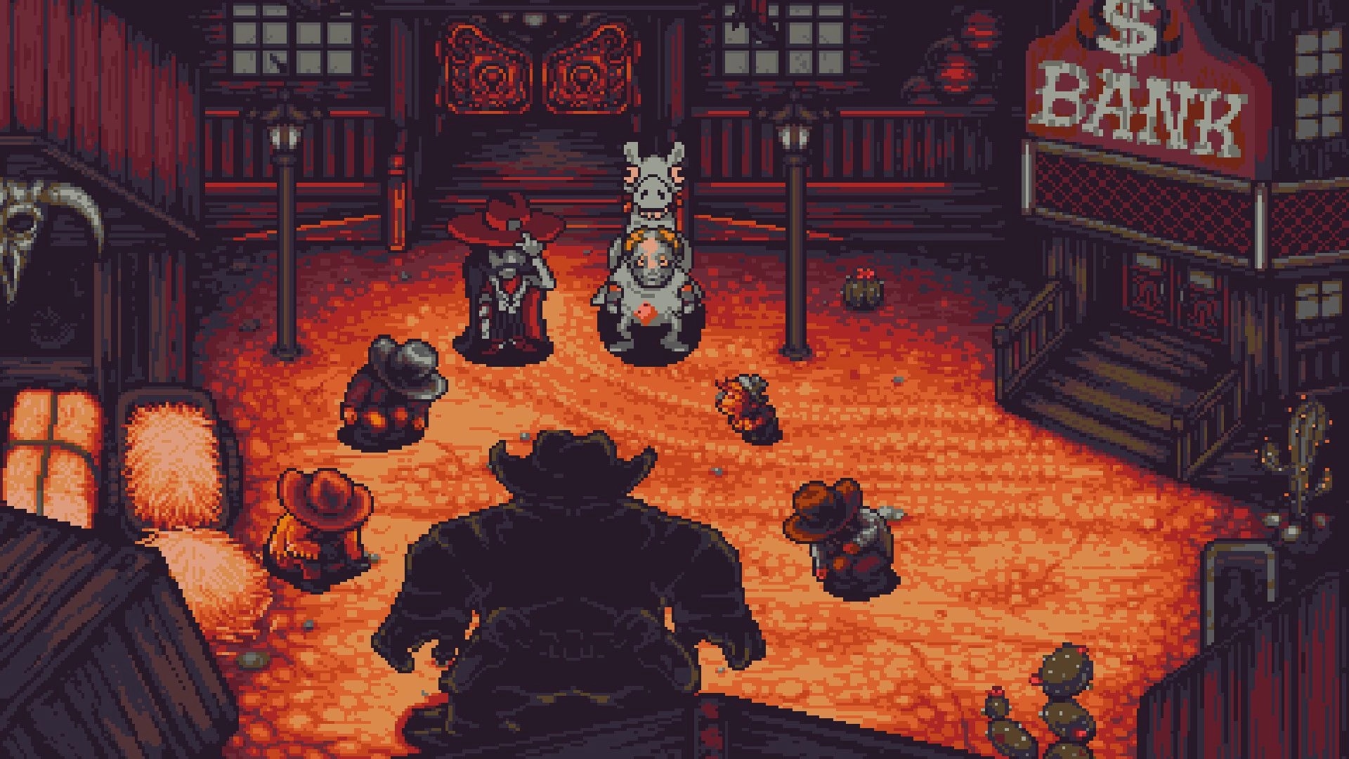 Octopus City Blues: Characters confront each other outside a bank in a dimly lit, dusty street.