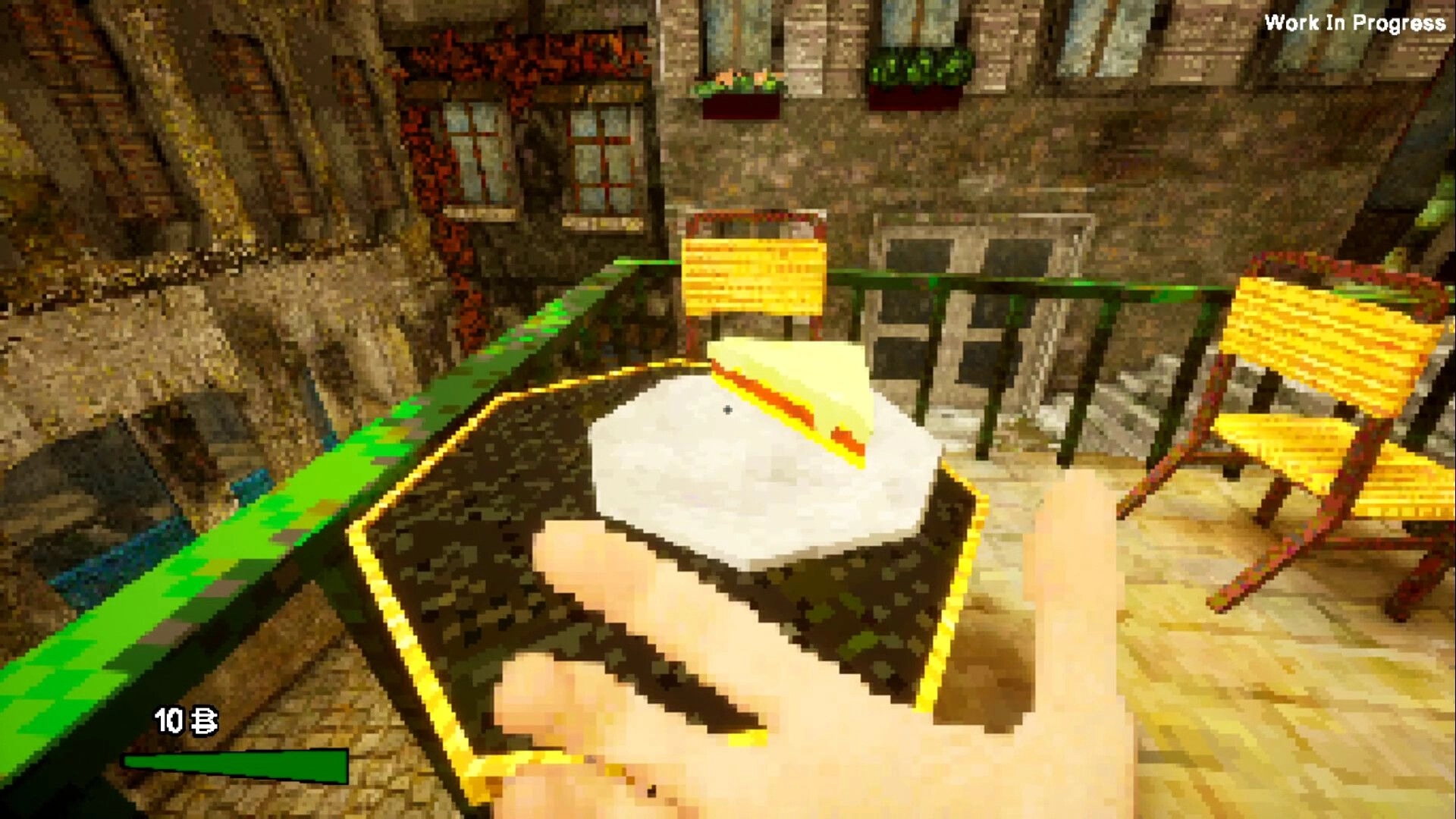 Odd Town: Player reaching for cheese slice on balcony with yellow chairs in historical town setting
