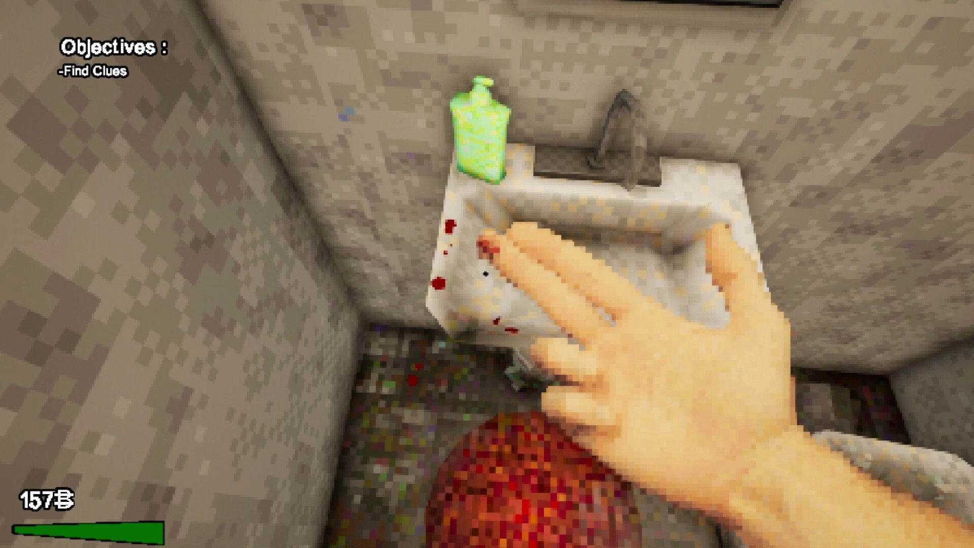 Odd Town: Player investigates bloody sink for clues in a pixelated bathroom with objectives displayed