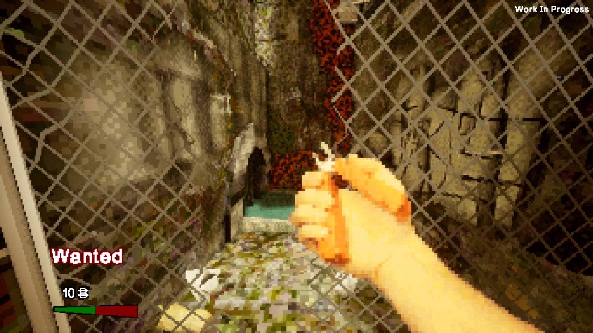 Odd Town: Player holding key near gated tunnel in stone alley with "Wanted" status and currency UI