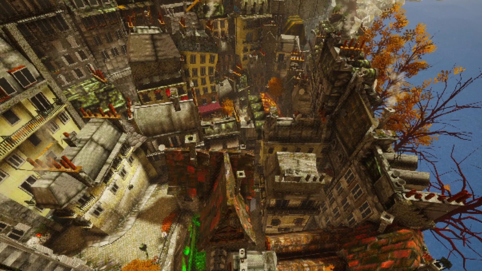 Odd Town: Aerial view of the historical town with dense rooftops and autumn trees by the water.