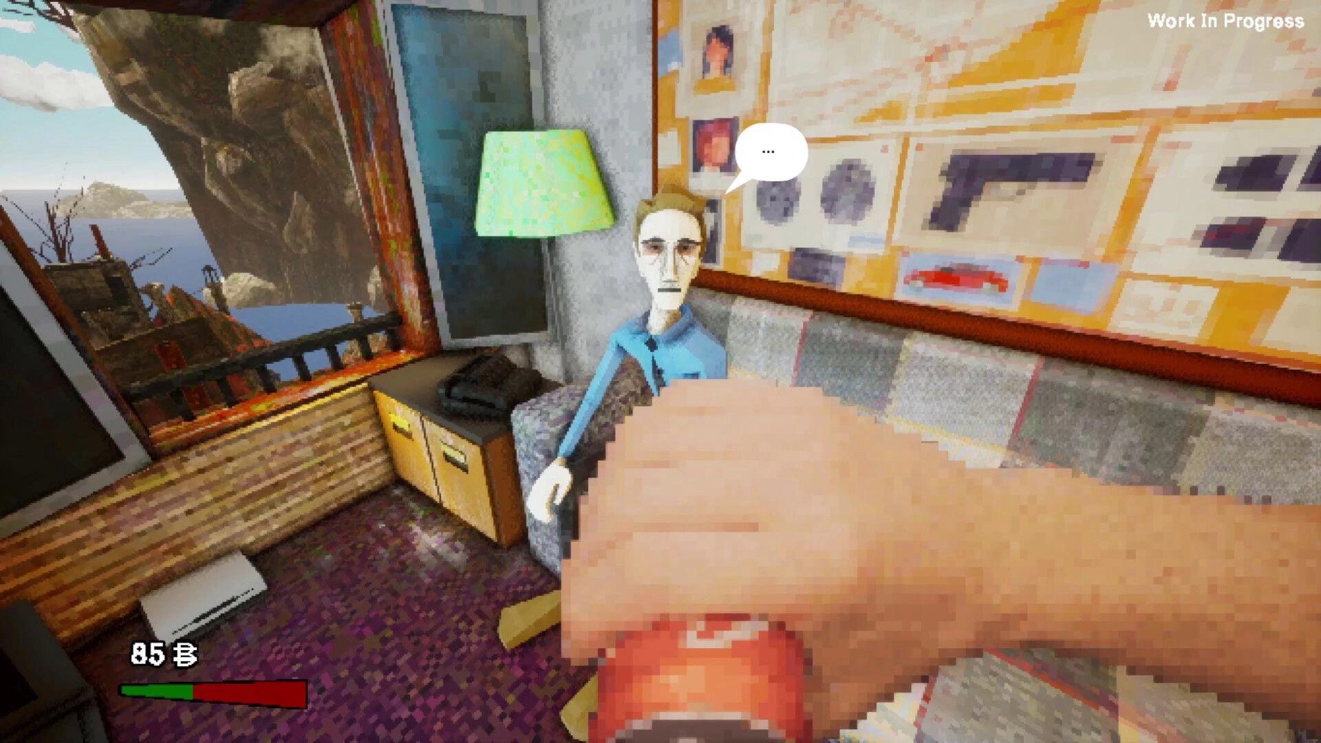 Odd Town: Drinking soda in a cozy room with a seated character and scenic cliffside view outside