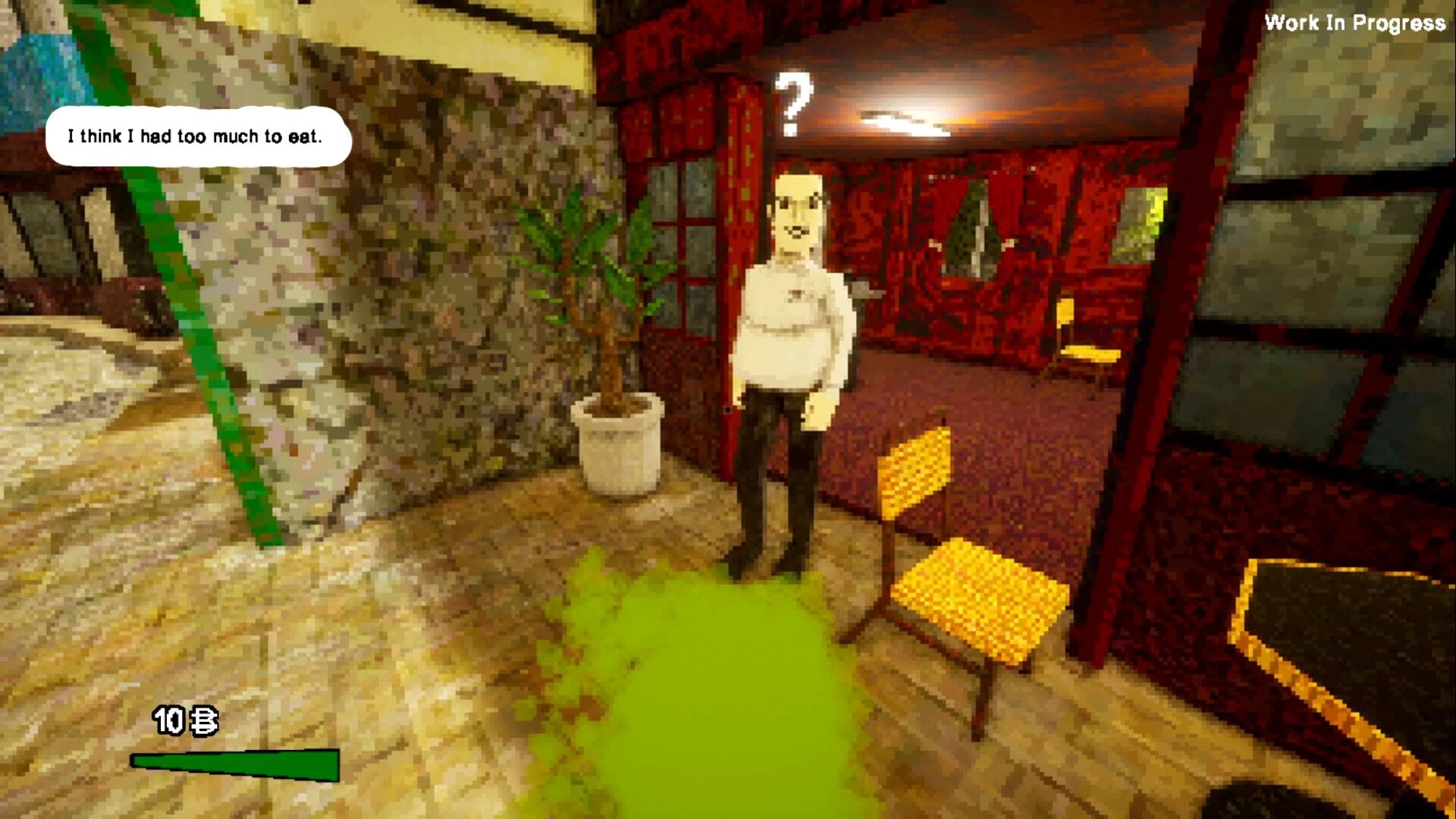 Odd Town: Character with question mark stands near green puddle in a vintage-style restaurant setting