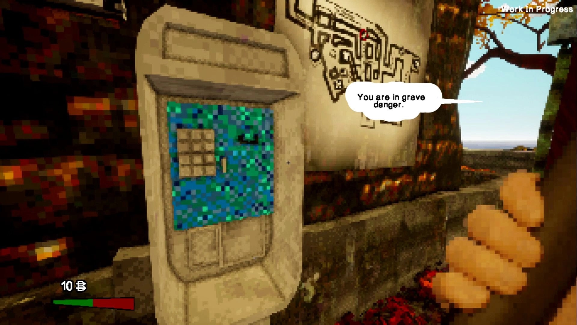 Odd Town: Player encounters cryptic warning at phone booth near town map in autumn setting