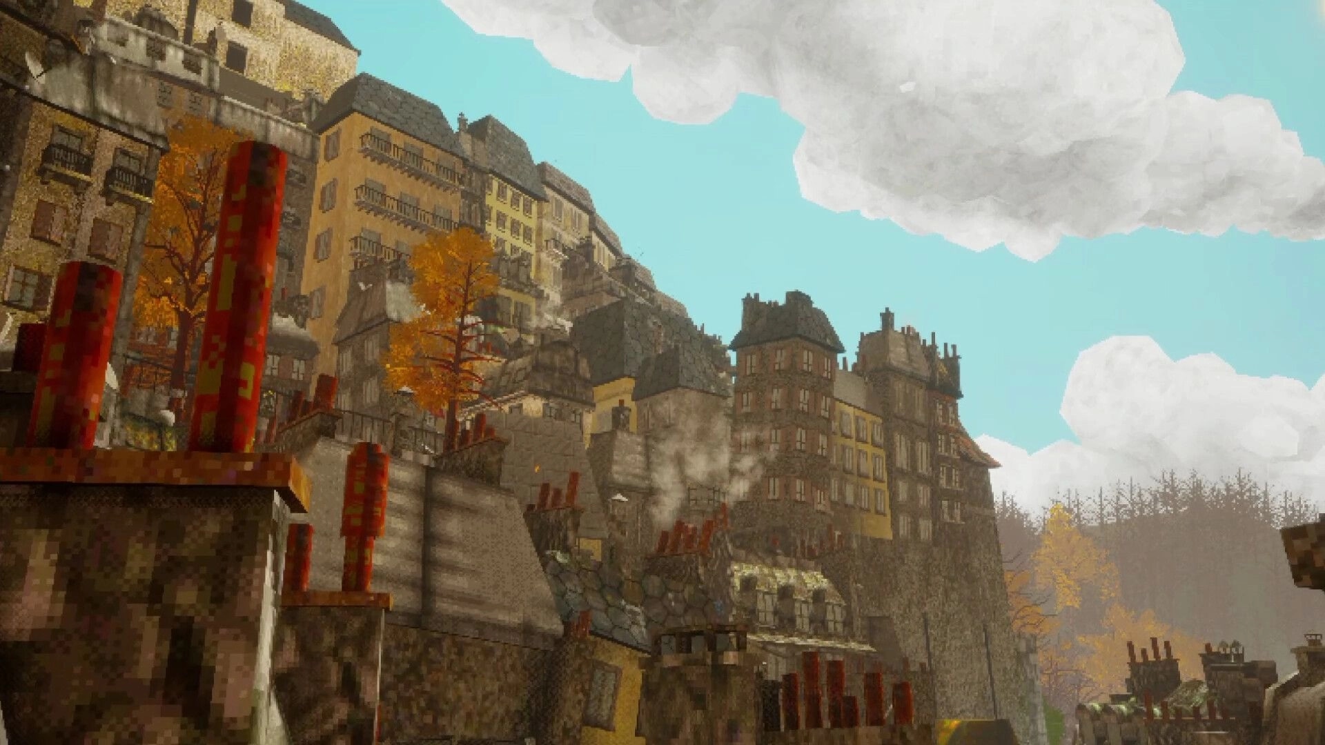 Odd Town: Overlooking a vibrant historical town with colorful buildings and autumn trees under cloudy skies.