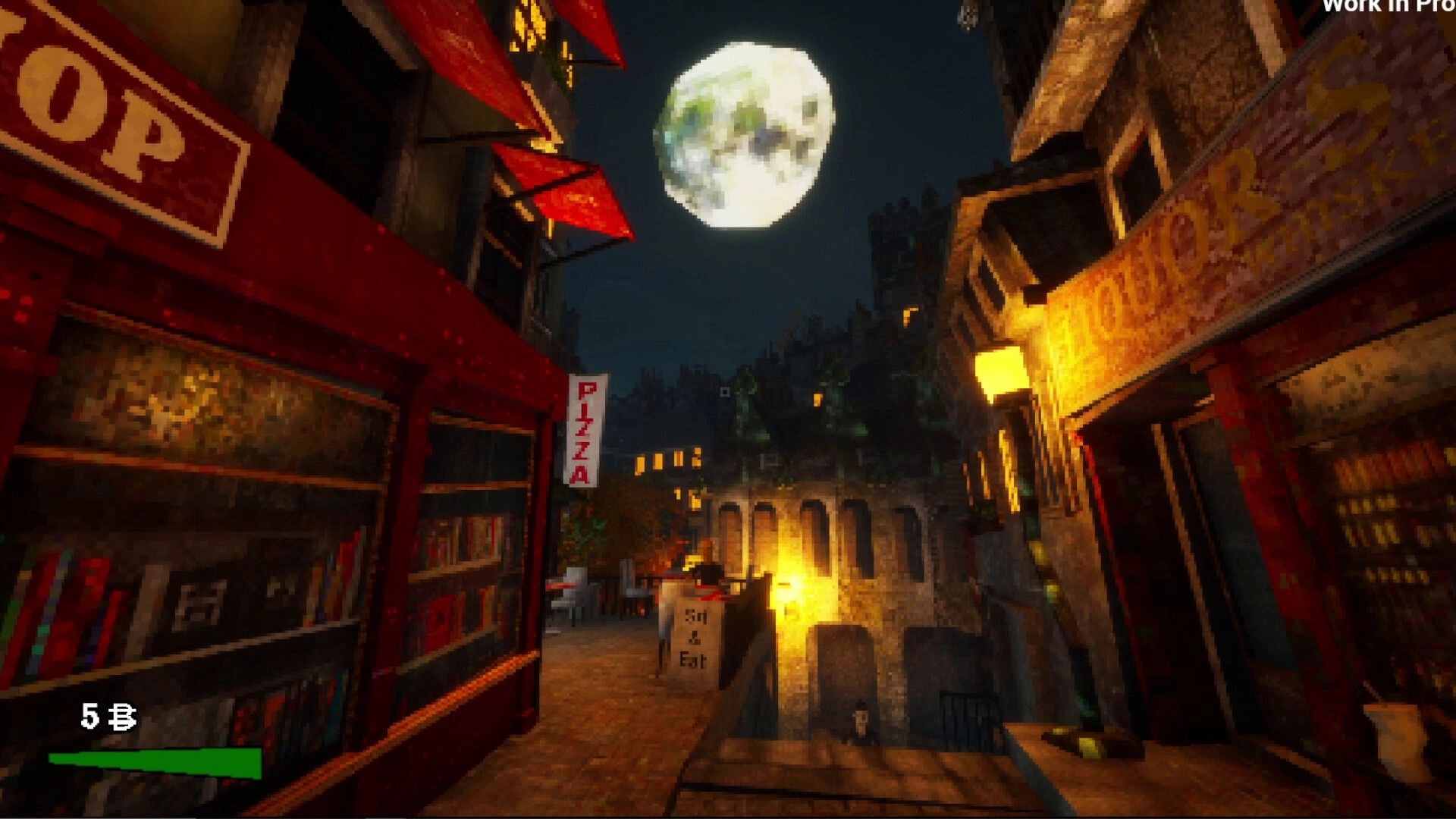 Odd Town: Nighttime street scene with shops and a large moon illuminating the cobblestone walkway