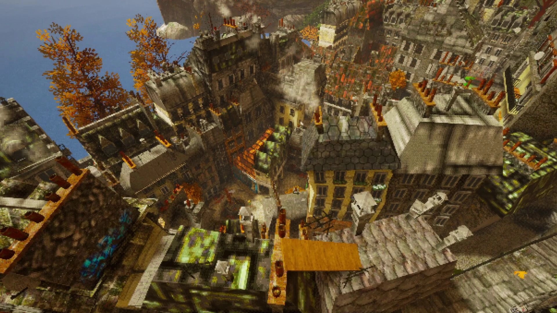Odd Town: Aerial view of historical town with dense rooftops and autumn trees in bright daylight