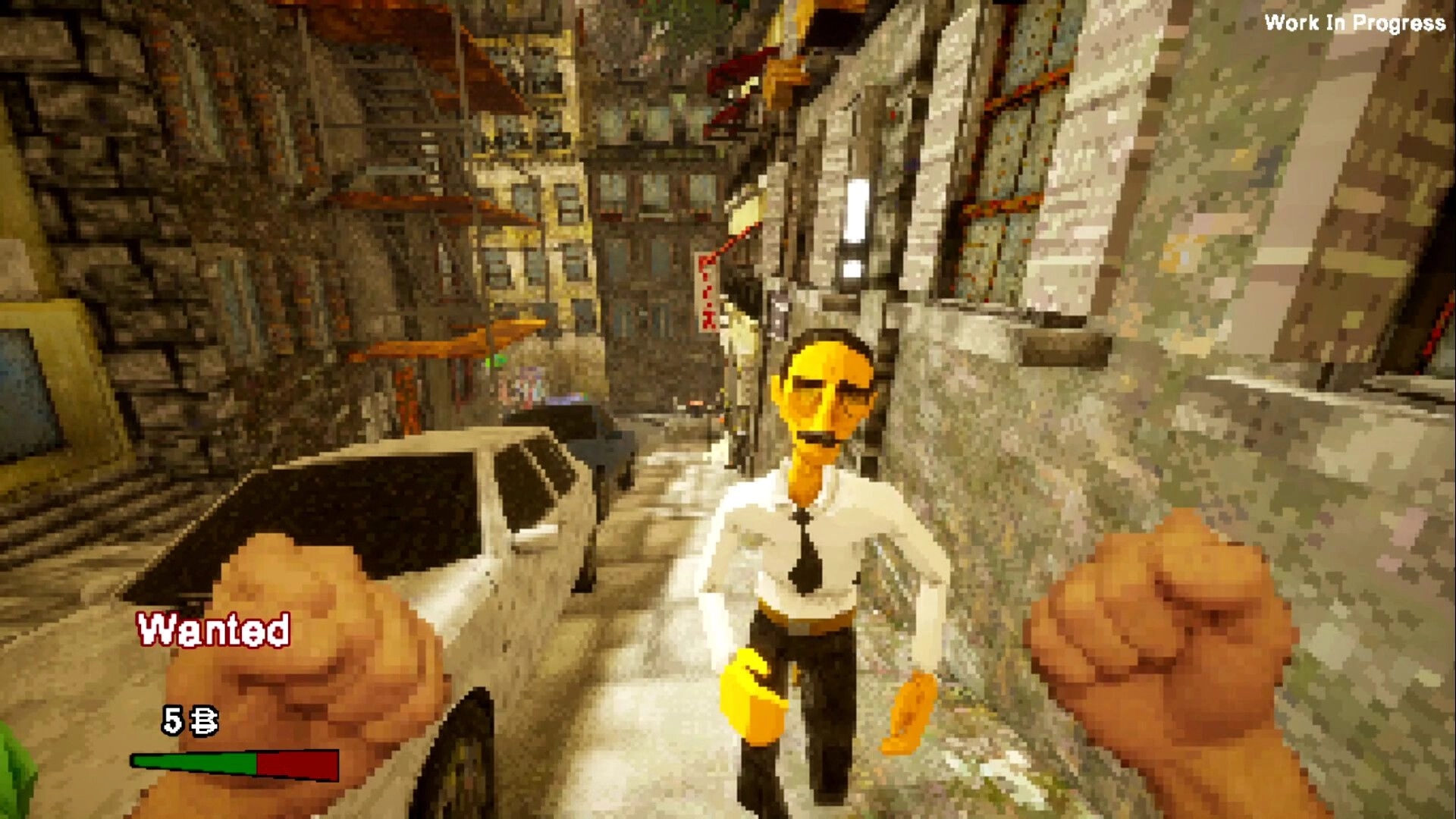 Odd Town: First-person encounter with a character in a narrow alley, UI shows "Wanted" status