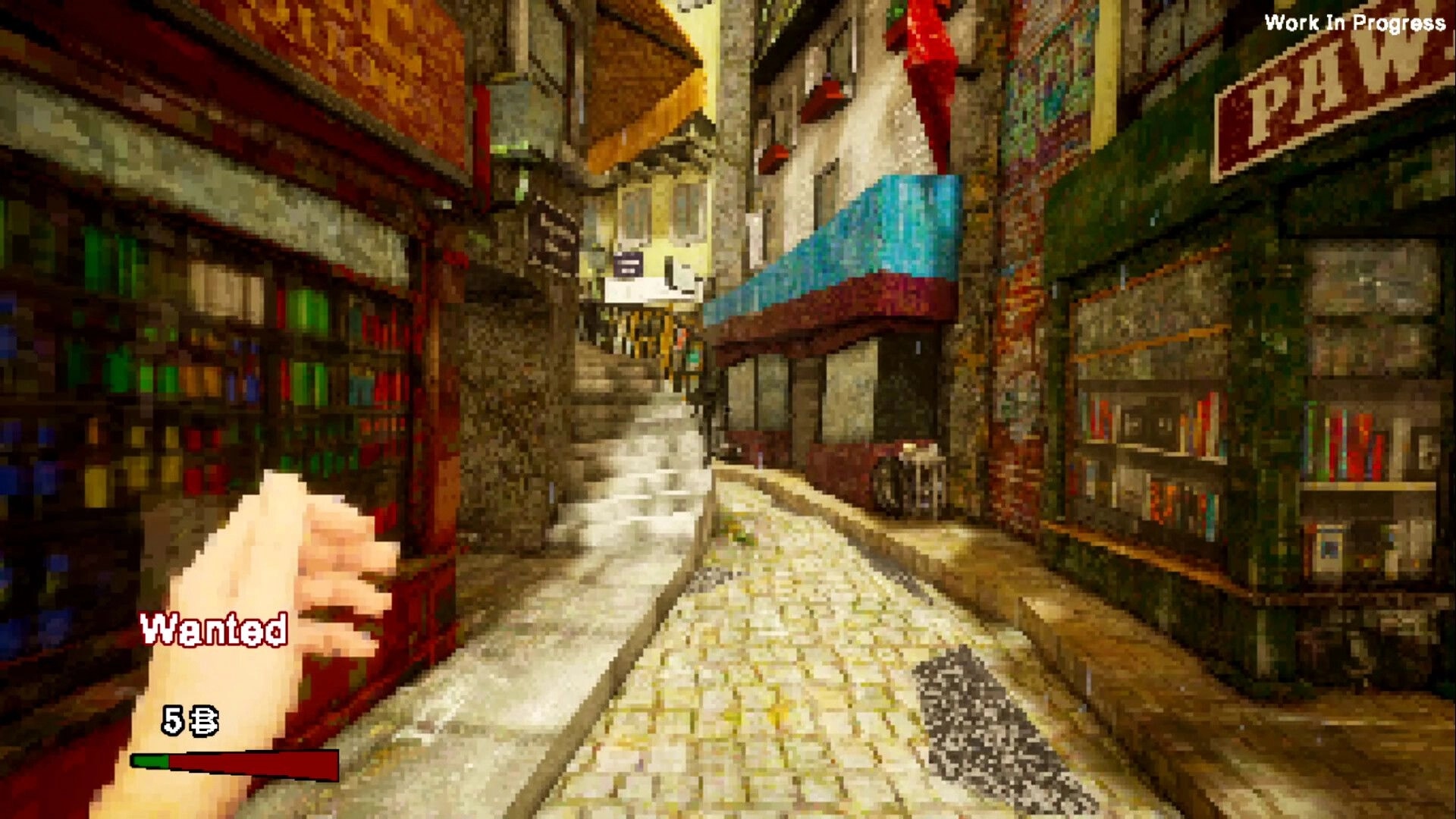 Odd Town: First-person view in cobblestone alley with "Wanted" status and currency display.