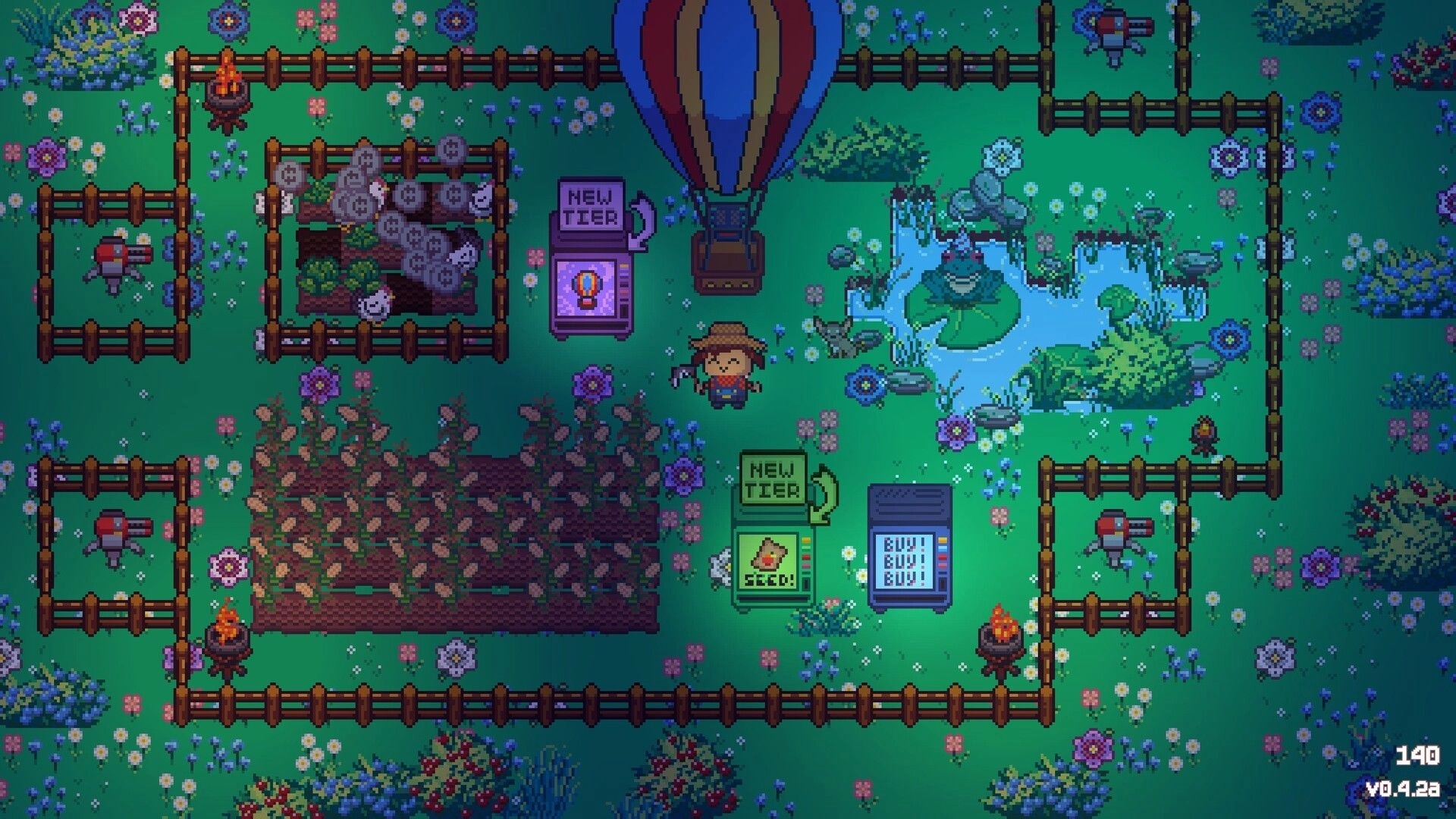 Oddinary Farm: Farmer beside hot air balloon, surrounded by fenced gardens and quirky animals at night