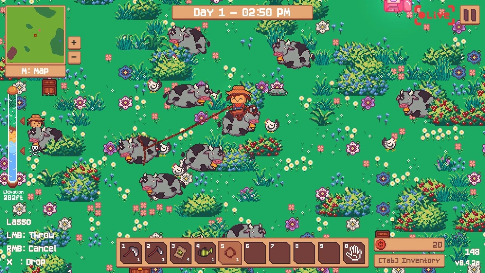 Oddinary Farm: Player lassos cows in a colorful field with flowers, mini-map, and inventory visible.