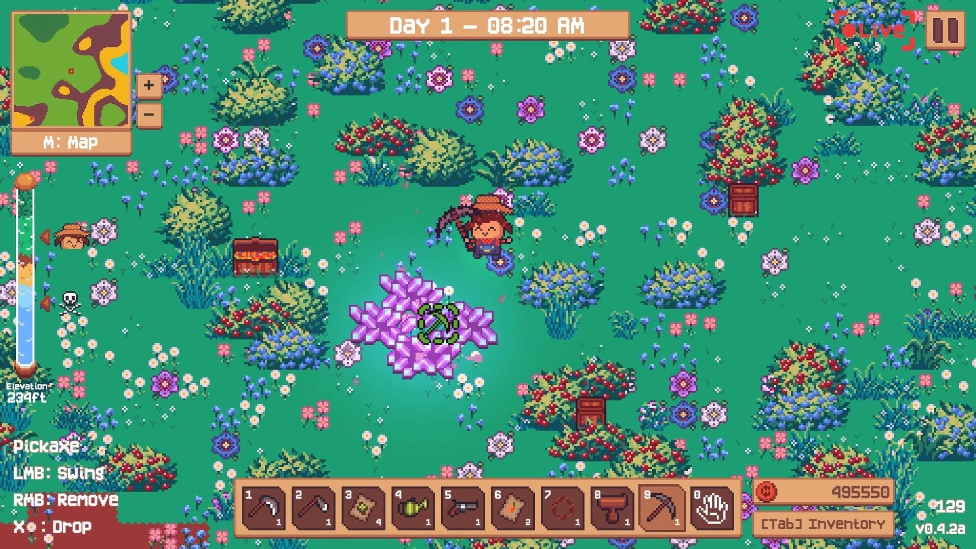 Oddinary Farm: Character mining crystals in flower-filled field, inventory and map UI visible