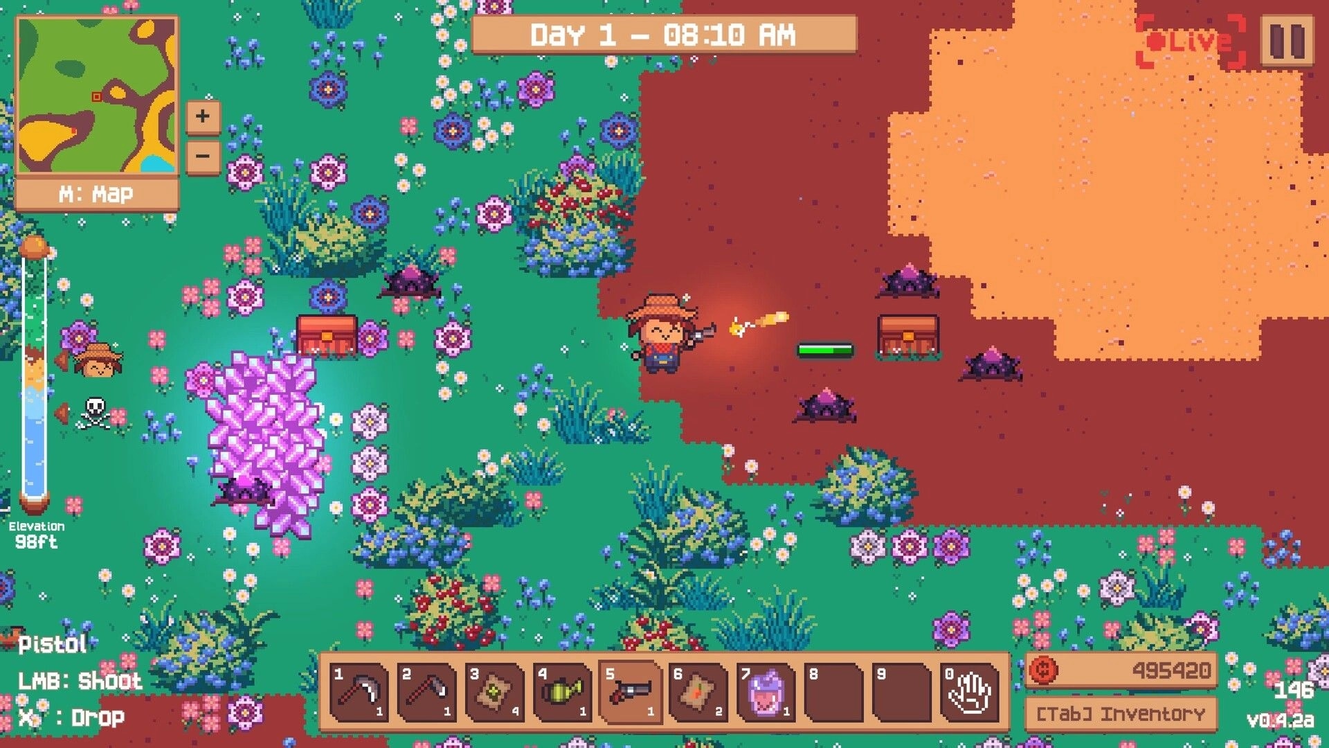 Oddinary Farm: Player shoots at creatures near a chest in a colorful flower field with UI elements visible.