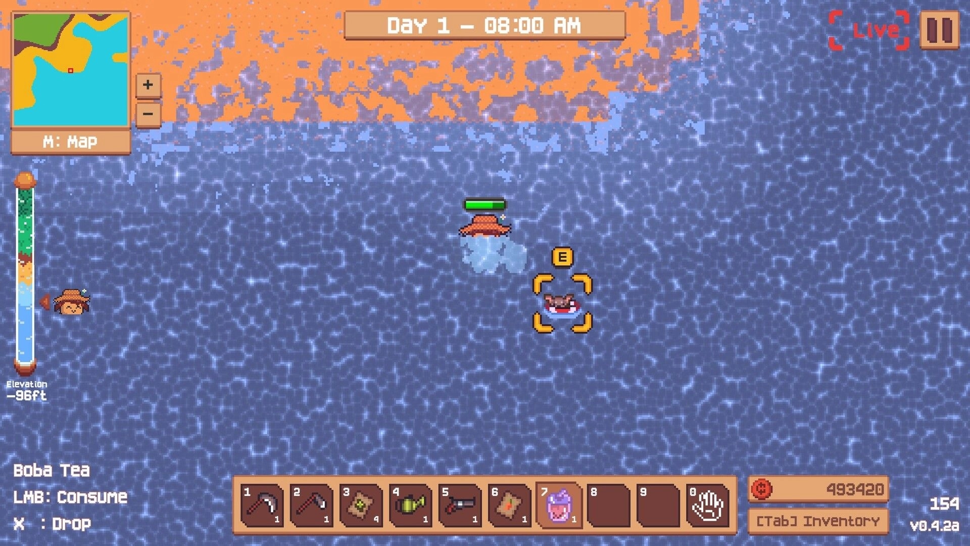 Oddinary Farm: Character swimming in water, targeting floating object with inventory and map UI visible