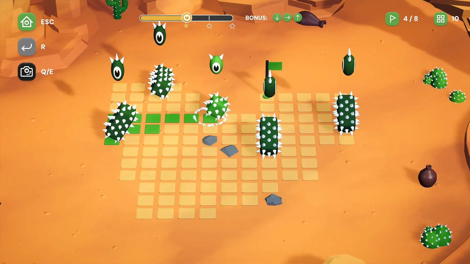 ODDLI: Character navigates spiked cacti on grid in desert environment with UI and control prompts visible