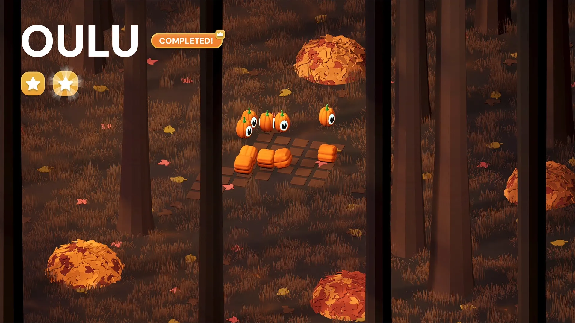 ODDLI: Pumpkin characters on a grid with autumn leaves, level completion in a forest setting