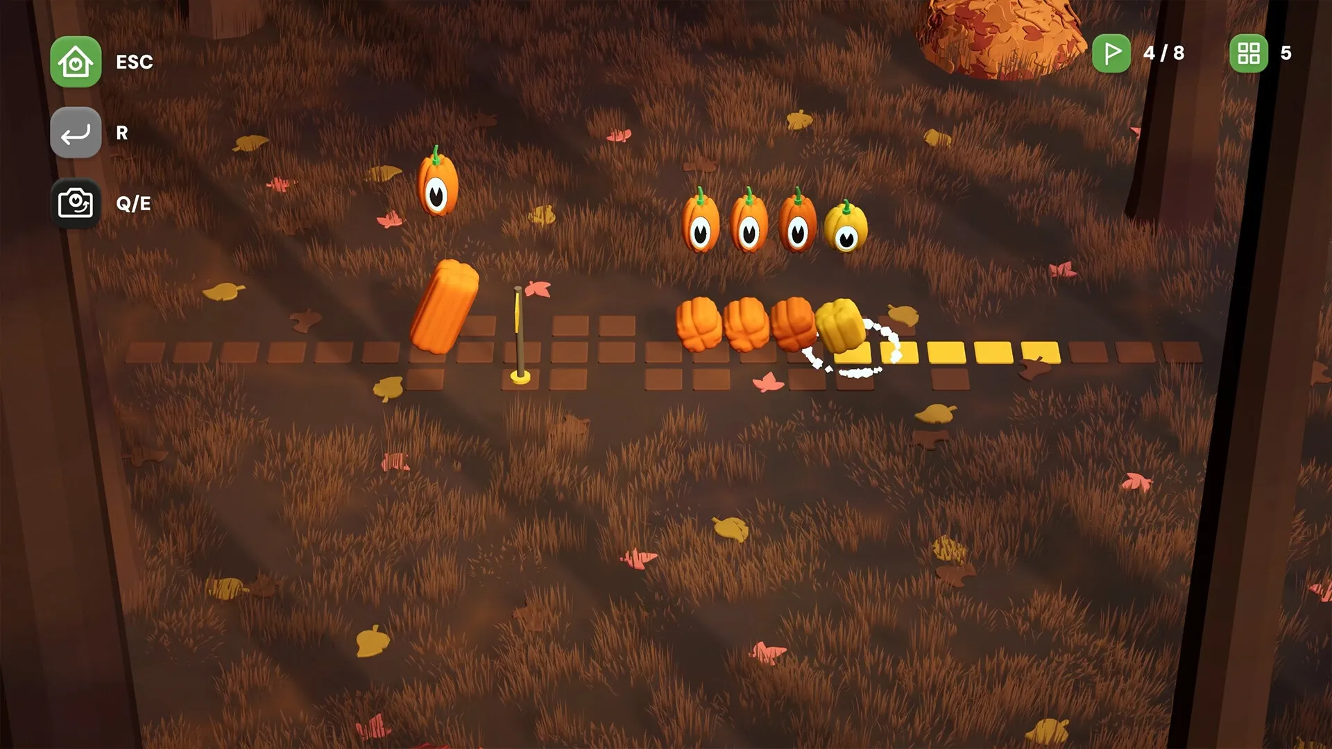 ODDLI: Pumpkin characters navigate grid path in forest, avoiding previous movements with UI on left