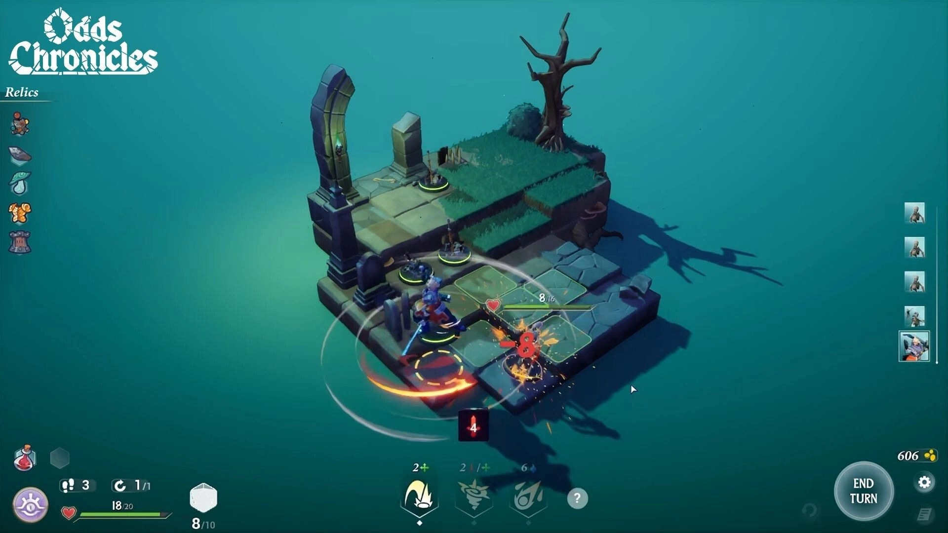Odds Chronicles: Tactical combat on a stone platform with character stats and relic icons visible