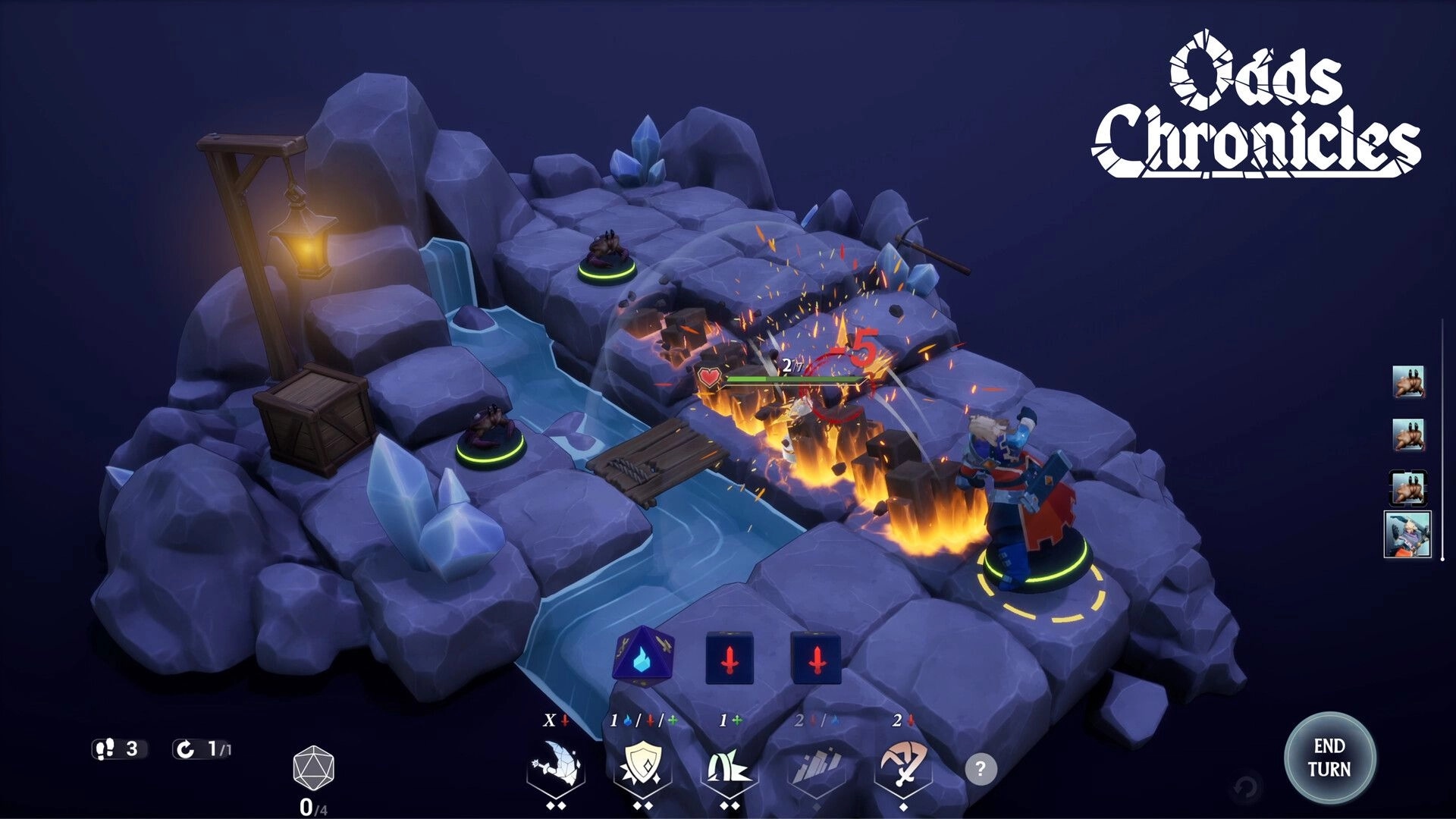 Odds Chronicles: Tactical combat scene with a hero battling enemies on a fiery bridge in rocky terrain